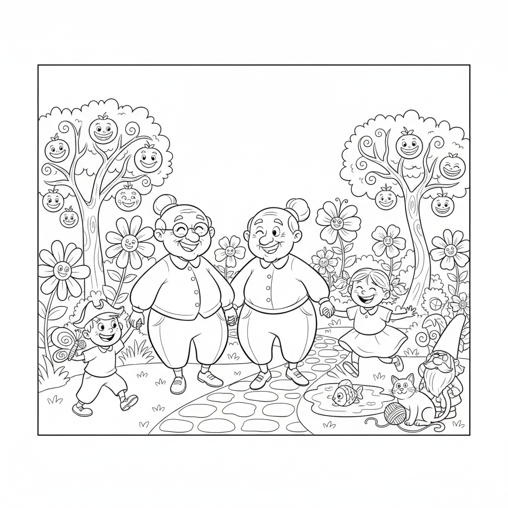 Dziadkowie trzymający się za ręce i spacerujący po ogrodzie, z wnukami bawiącymi się w pobliżu, kolorowanka dla dzi...