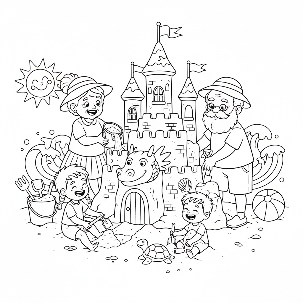 Dziadkowie i wnuki budujący zamek z piasku na plaży, kolorowanka dla dzieci, czarne kontury, białe tło.