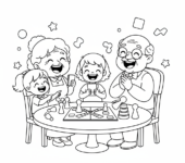 Dziadkowie i wnuki grający w grę planszową razem, śmiejący się i dobrze się bawiący, kolorowanka dla dzieci, czarn...