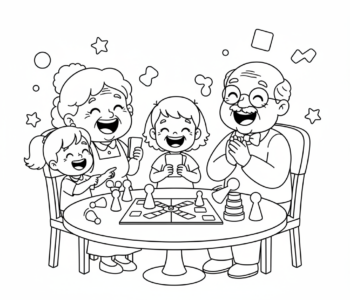 Dziadkowie i wnuki grający w grę planszową razem, śmiejący się i dobrze się bawiący, kolorowanka dla dzieci, czarn...