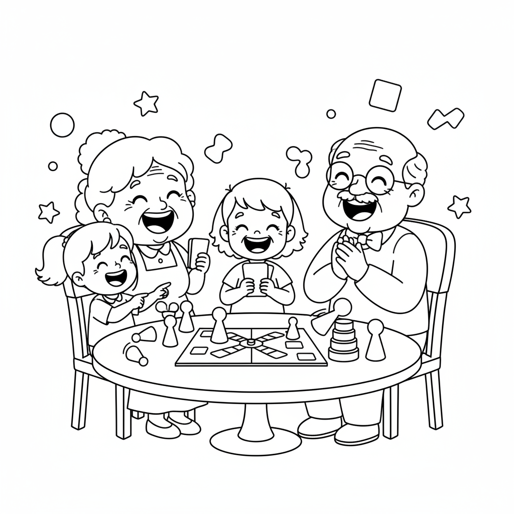 Dziadkowie i wnuki grający w grę planszową razem, śmiejący się i dobrze się bawiący, kolorowanka dla dzieci, czarn...