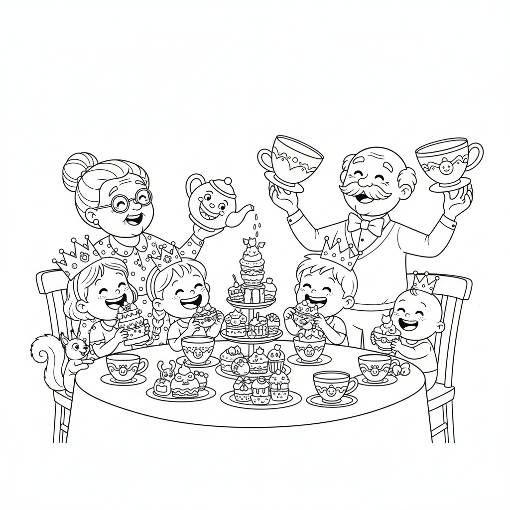 Dziadkowie i wnuki urządzający herbatkę z filiżankami i ciastkami, kolorowanka dla dzieci, czarne kontury, białe tło.