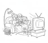 Przytulna scena z dziadkami i wnukami oglądającymi razem film na kanapie, kolorowanka dla dzieci, czarne kontury, białe...