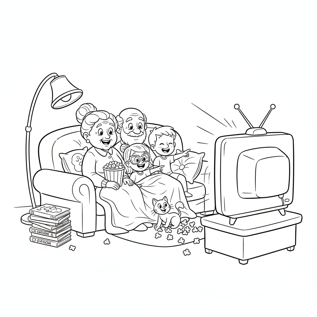 Przytulna scena z dziadkami i wnukami oglądającymi razem film na kanapie, kolorowanka dla dzieci, czarne kontury, białe...