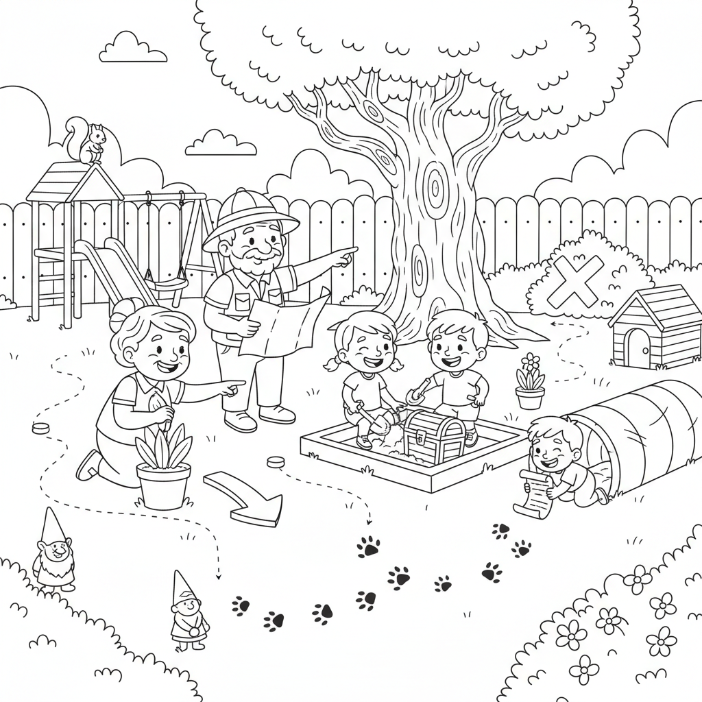 Dziadkowie i wnuki na poszukiwaniu skarbów w ogrodzie, podążający za wskazówkami, black outline, white background, su...