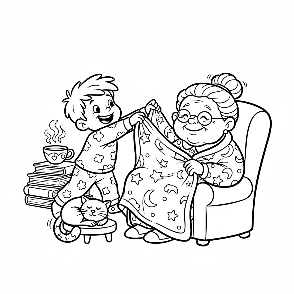 Dziecko dające babci ciepły koc, okazujące troskę, kolorowanka dla dzieci, czarne kontury, białe tło.