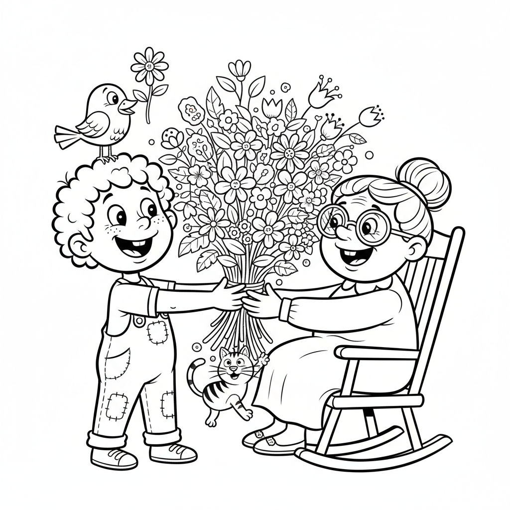 Dziecko wręczające babci bukiet kwiatów, z kochającym uśmiechem, kolorowanka dla dzieci, czarne kontury, białe tło.