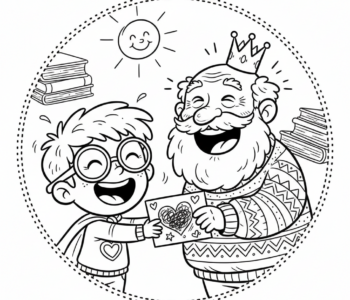 Dziecko wręczające dziadkowi ręcznie wykonaną kartkę, okazujące wdzięczność, kolorowanka dla dzieci, czarne kontu...