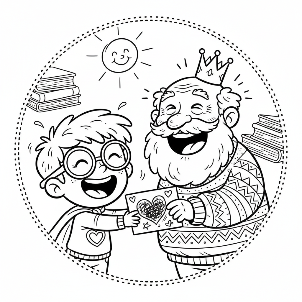 Dziecko wręczające dziadkowi ręcznie wykonaną kartkę, okazujące wdzięczność, kolorowanka dla dzieci, czarne kontu...