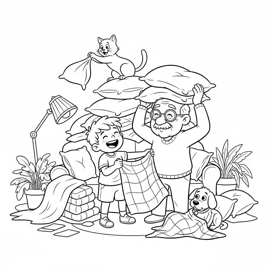 Dziecko i dziadek budujący fort z koców i poduszek w salonie, kolorowanka dla dzieci, czarne kontury, białe tło.