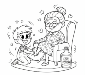 Dziecko dające babci masaż stóp, okazujące troskę i miłość, kolorowanka dla dzieci, czarne kontury, białe tło.