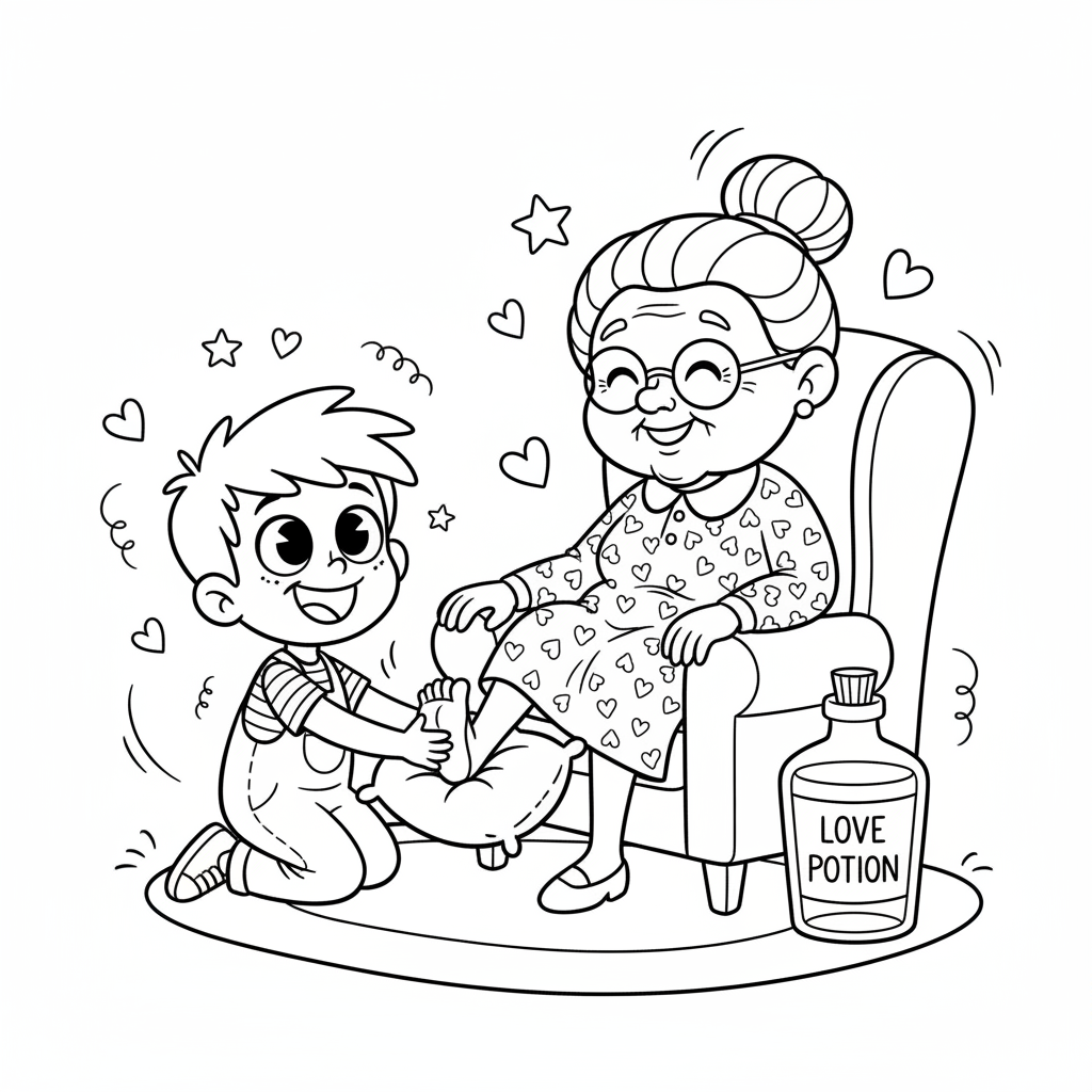 Dziecko dające babci masaż stóp, okazujące troskę i miłość, kolorowanka dla dzieci, czarne kontury, białe tło.