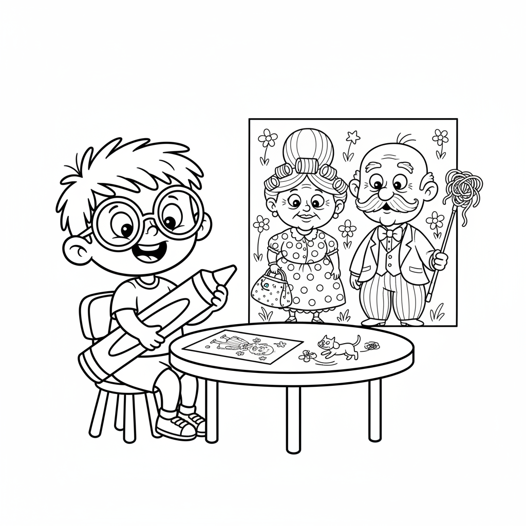 Dziecko rysujące obrazek swoich dziadków, kolorowanka dla dzieci, czarne kontury, białe tło.