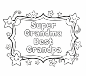 Ozdobna ramka z napisem "Super Babcia" i "Najlepszy Dziadek", otoczona gwiazdkami, kolorowanka dla dzieci, czarne kontury,...