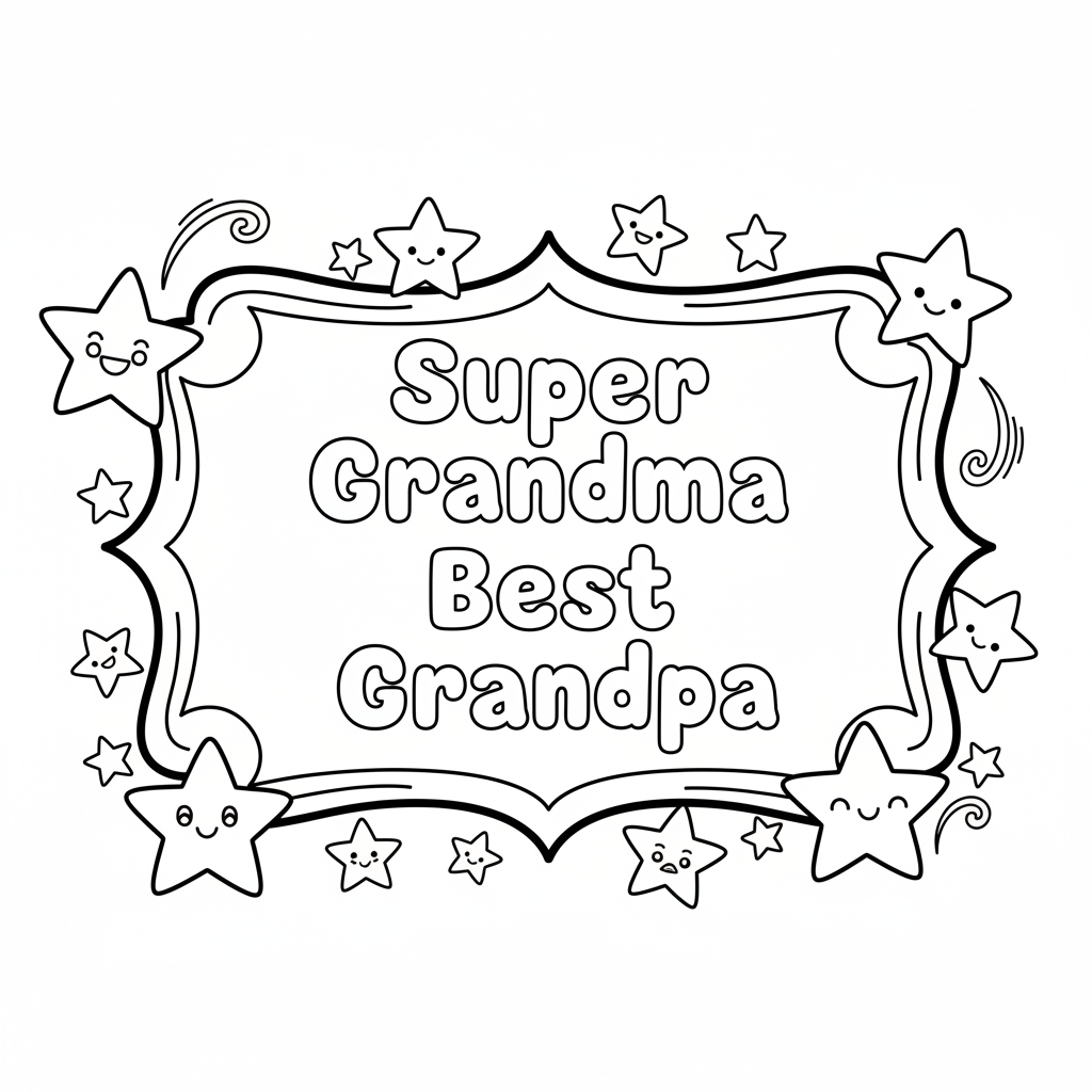 Ozdobna ramka z napisem "Super Babcia" i "Najlepszy Dziadek", otoczona gwiazdkami, kolorowanka dla dzieci, czarne kontury,...