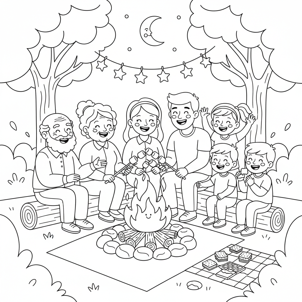 Szczęśliwa rodzina (dziadkowie, rodzice, dzieci) siedząca wokół ogniska, opowiadająca historie i piekąca pianki, ko...