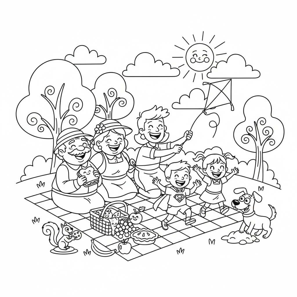 Grupa członków rodziny (dziadkowie, rodzice, dzieci) mająca piknik w parku, kolorowanka dla dzieci, czarne kontury, bia...