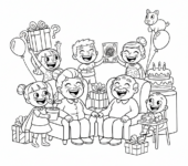 Grupa wnuków wręczających prezenty dziadkom, z uśmiechami, kolorowanka dla dzieci, czarne kontury, białe tło.