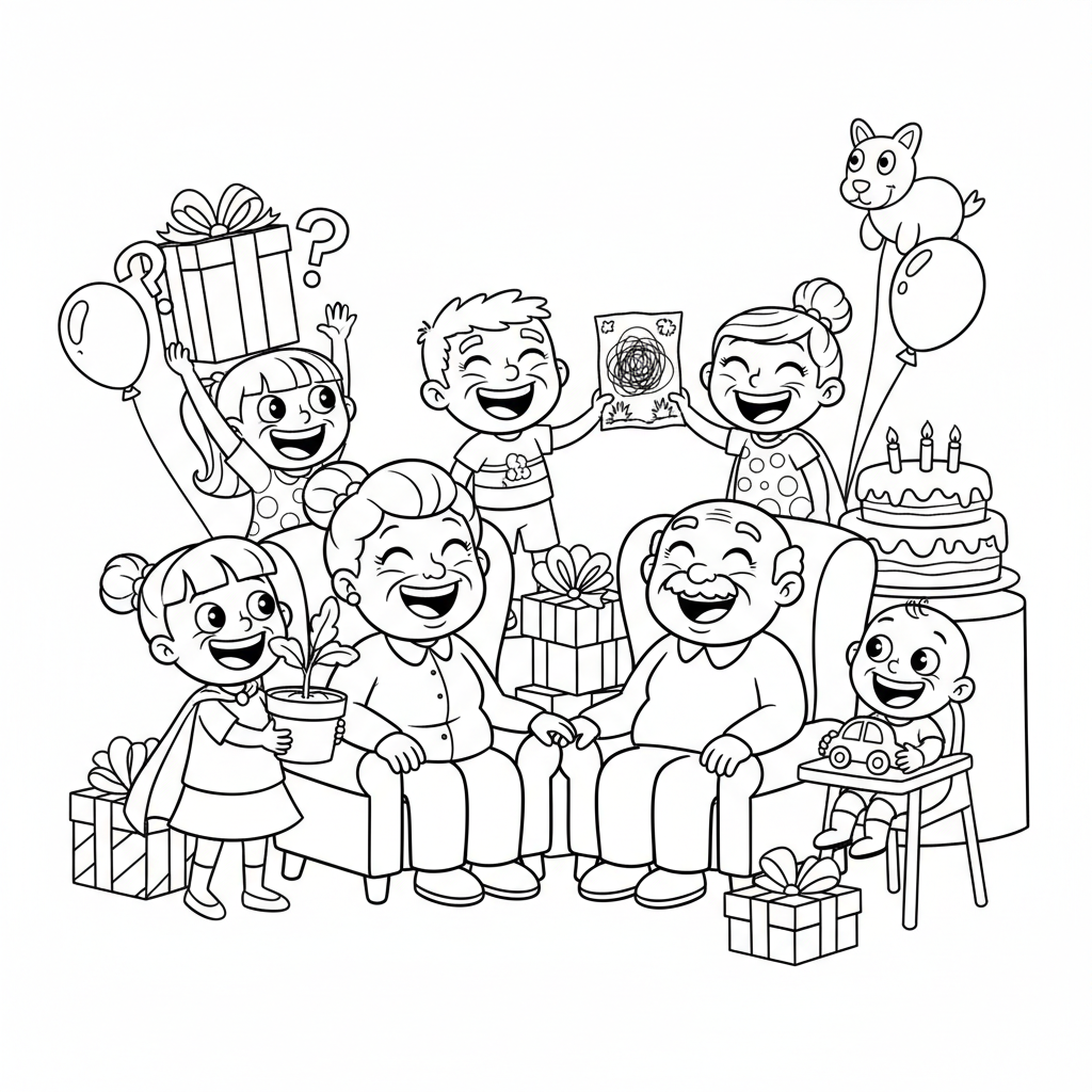 Grupa wnuków wręczających prezenty dziadkom, z uśmiechami, kolorowanka dla dzieci, czarne kontury, białe tło.