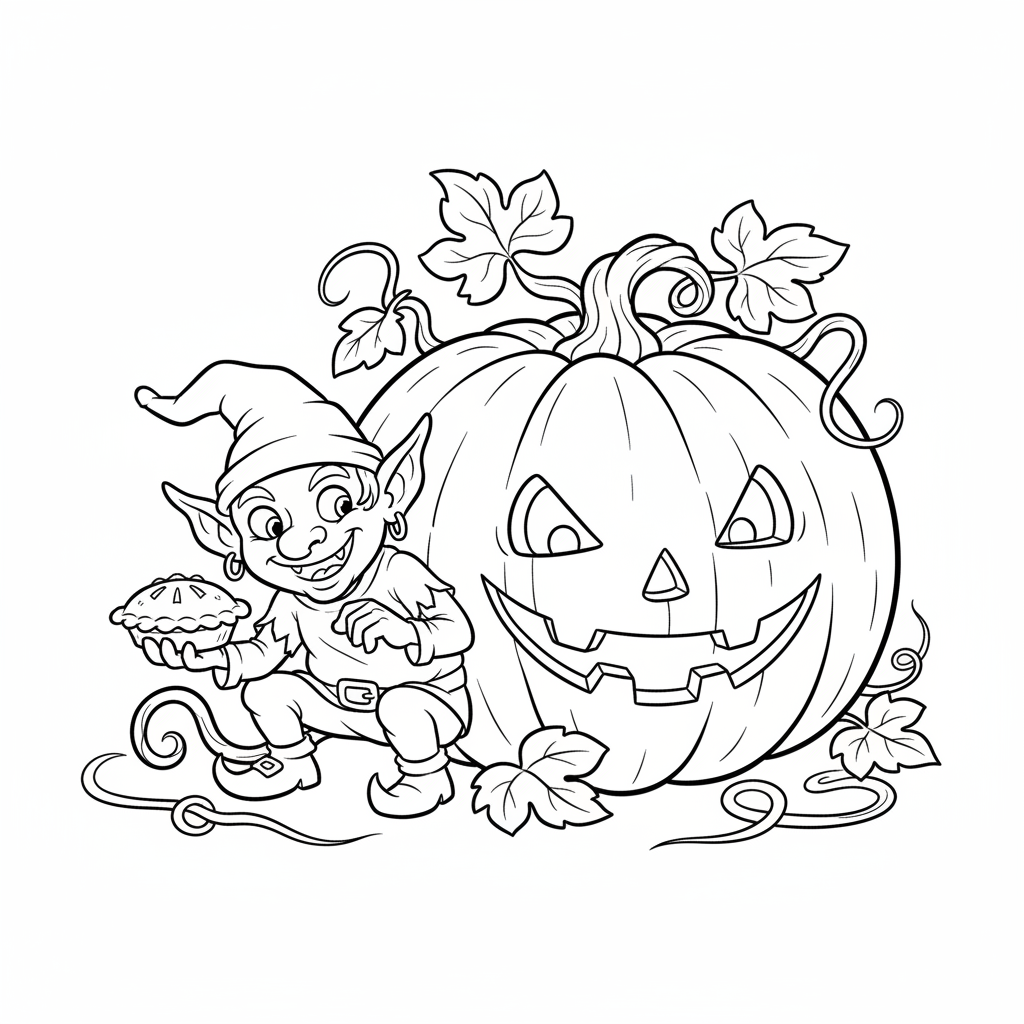 Złośliwy goblin chowający się za dużą dynią, kolorowanka dla dzieci, czarne kontury, białe tło.