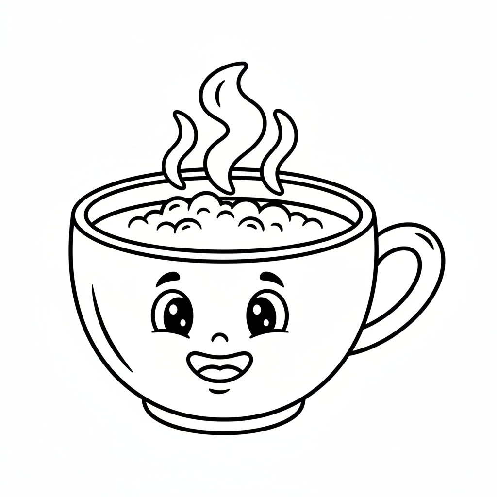 Parujący kubek gorącej czekolady z uśmiechniętą buzią narysowaną w pianie, kolorowanka dla dzieci, czarne kontury, ...