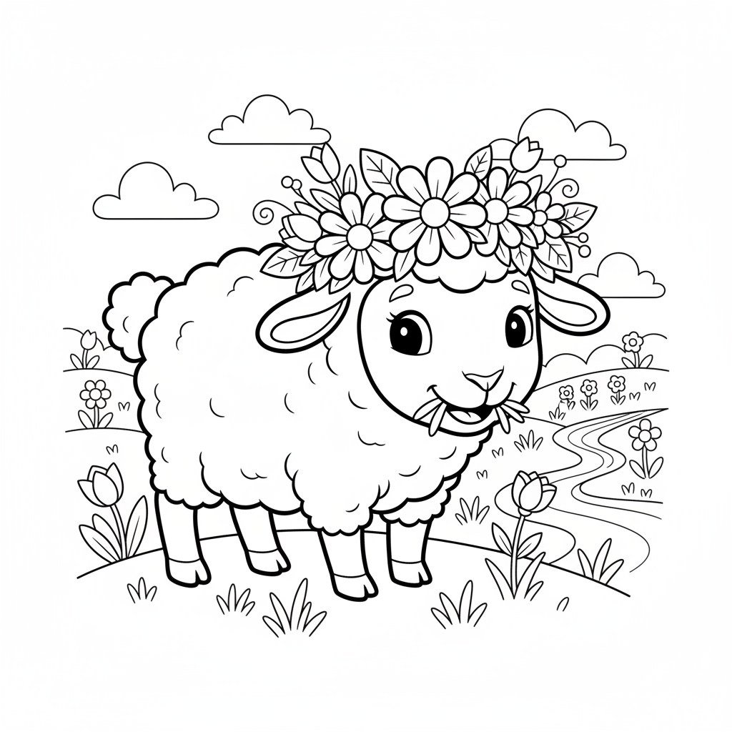 Wesołe jagnię w wianku z kwiatów, pasące się na wiosennej łące, kolorowanka dla dzieci, czarne kontury, białe tło.