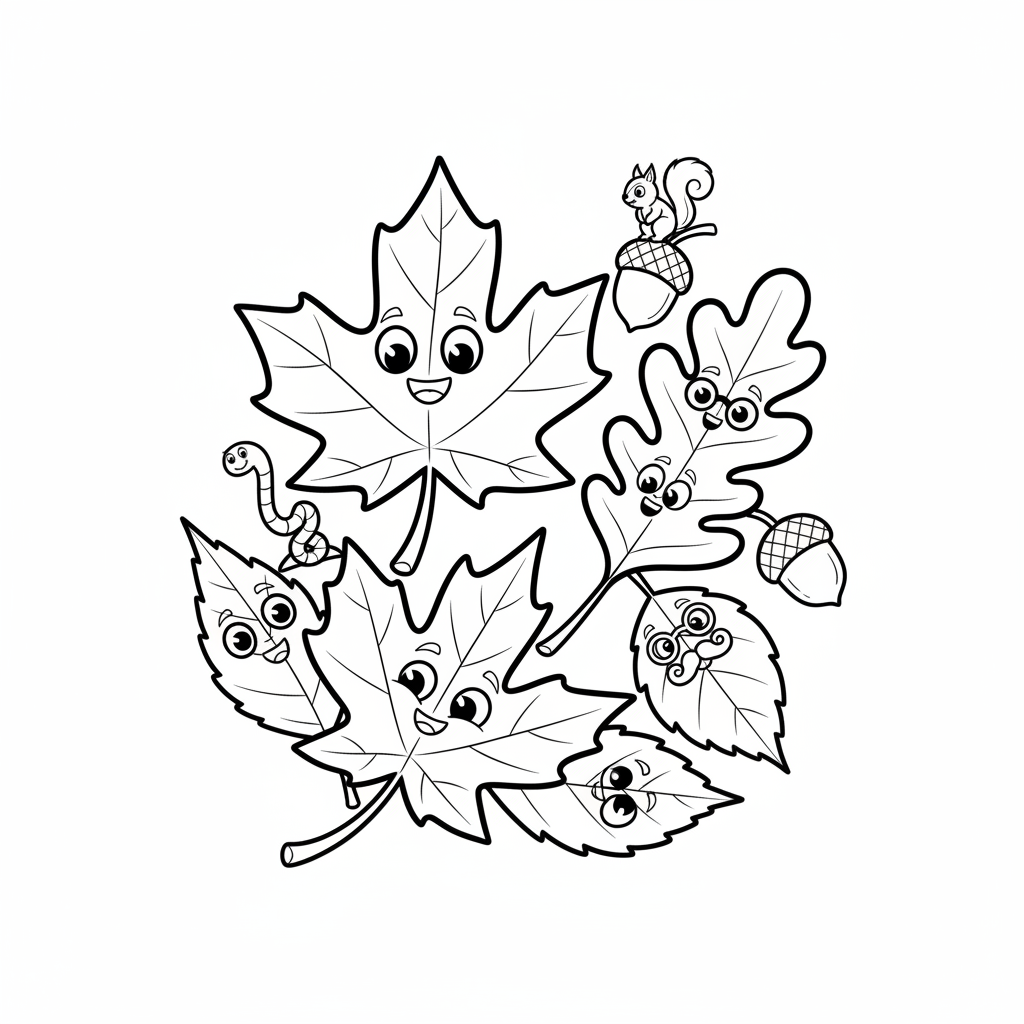 Kolekcja różnych jesiennych liści: klonu, dębu, brzozy, kolorowanka dla dzieci, czarne kontury, białe tło.