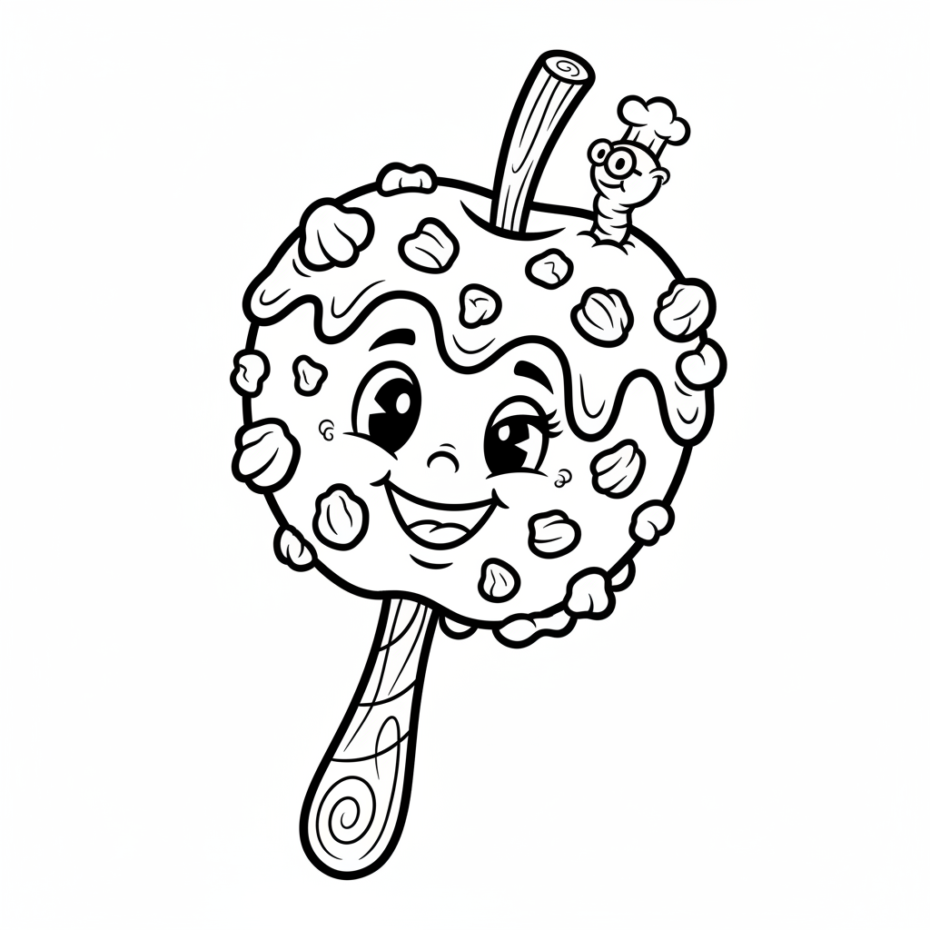 Pyszne karmelowe jabłko na patyku, pokryte orzechami, kolorowanka dla dzieci, czarne kontury, białe tło.