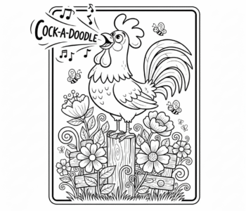 Wesoły kogut piejący o poranku, na płocie, otoczony wiosenną zielenią, kolorowanka dla dzieci, czarne kontury, białe...