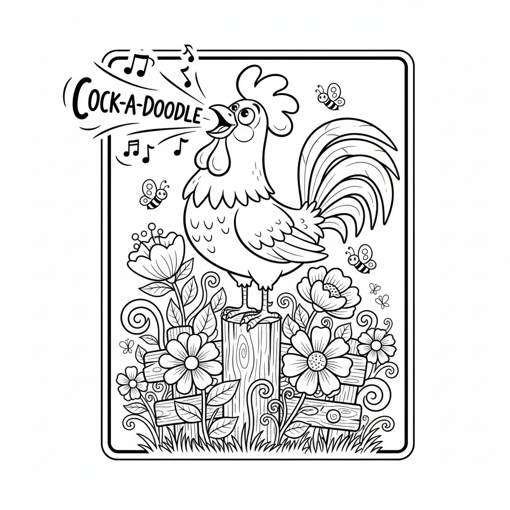 Wesoły kogut piejący o poranku, na płocie, otoczony wiosenną zielenią, kolorowanka dla dzieci, czarne kontury, białe...
