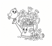 Konewka z wylewającymi się kwitnącymi kwiatami, z małym ptaszkiem siedzącym na niej, kolorowanka dla dzieci, czarne k...