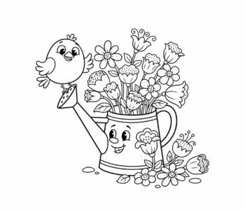 Konewka z wylewającymi się kwitnącymi kwiatami, z małym ptaszkiem siedzącym na niej, kolorowanka dla dzieci, czarne k...