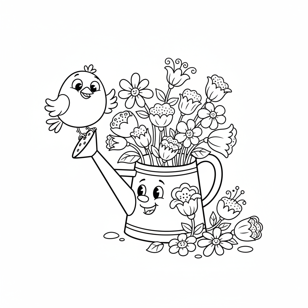 Konewka z wylewającymi się kwitnącymi kwiatami, z małym ptaszkiem siedzącym na niej, kolorowanka dla dzieci, czarne k...