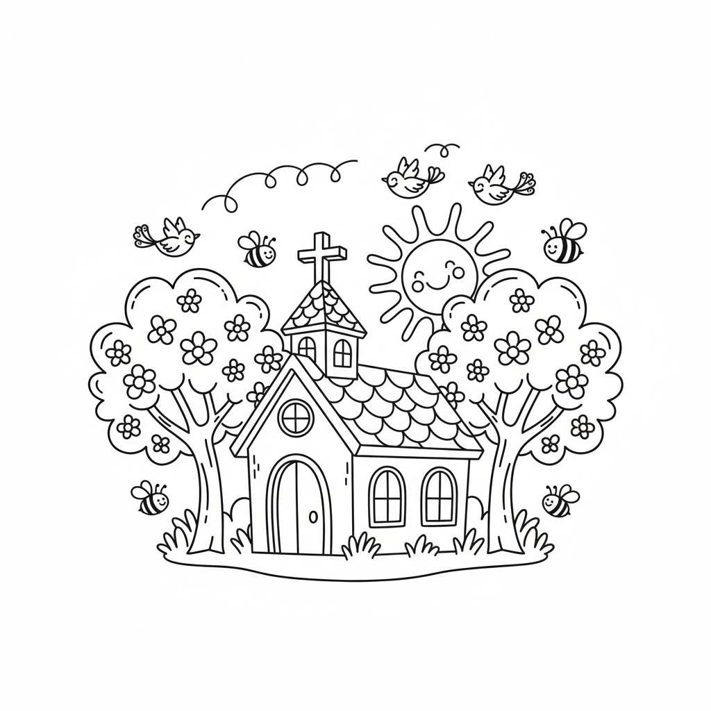 Mały kościół z krzyżem, otoczony kwitnącymi wiosennymi drzewami, kolorowanka dla dzieci, czarne kontury, białe tło.