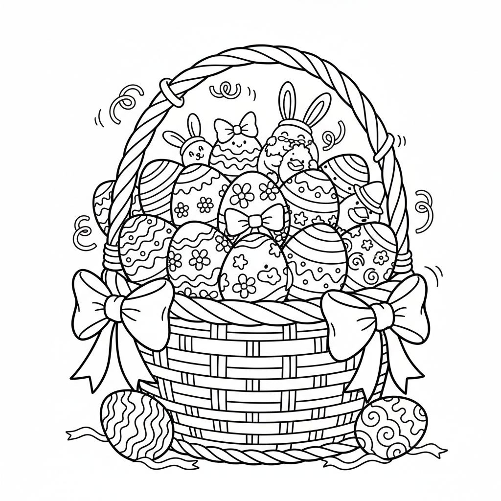 Koszyk przepełniony pięknie ozdobionymi jajkami wielkanocnymi, z wstążkami i kokardami, kolorowanka dla dzieci, czarne...