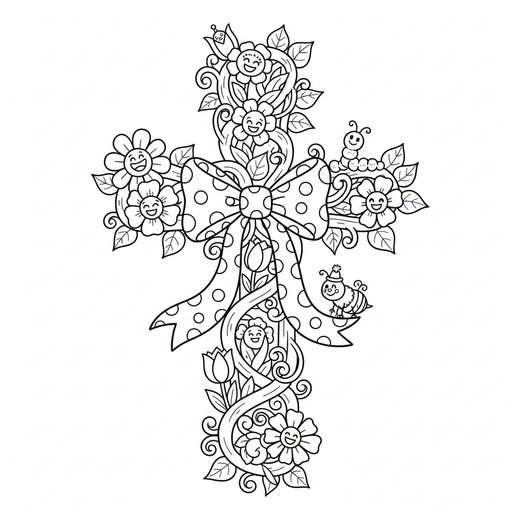 Krzyż ozdobiony wiosennymi kwiatami i wstążką, kolorowanka dla dzieci, czarne kontury, białe tło.