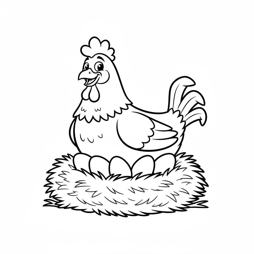 Przyjazna kura siedząca na swoim gnieździe z jajkami, otoczona słomą, kolorowanka dla dzieci, czarne kontury, białe t...