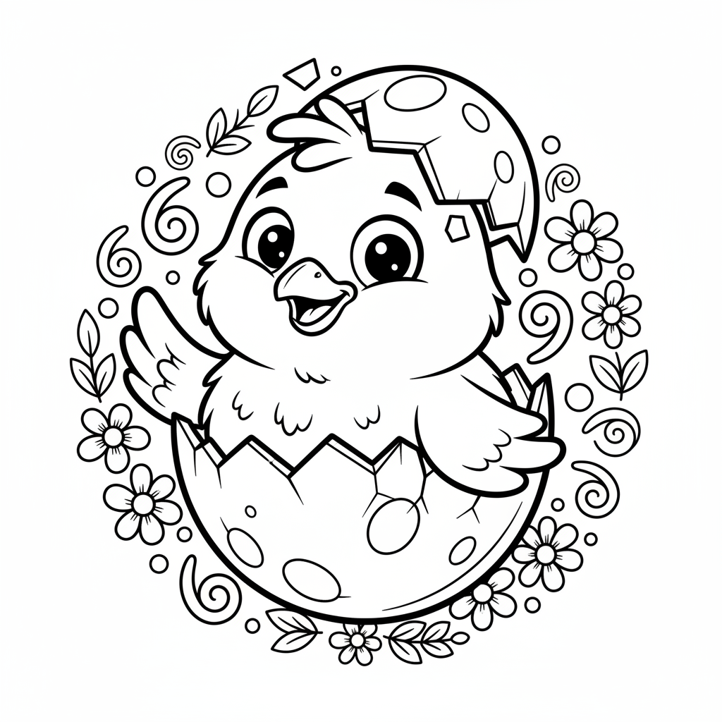 Szczęśliwy kurczaczek wykluwający się z jajka, otoczony malutkimi kwiatkami, kolorowanka dla dzieci, czarne kontury, b...