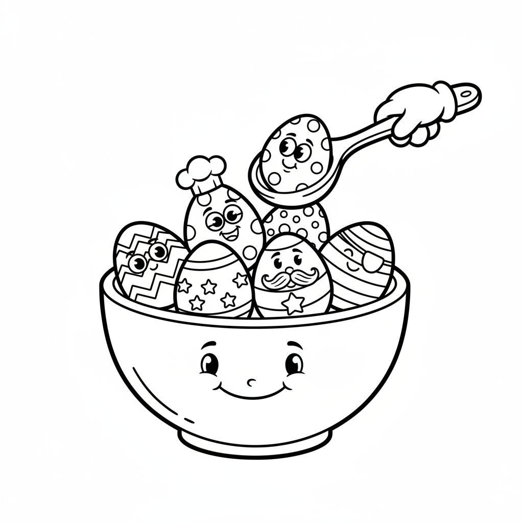 Miska z barwionymi jajkami wielkanocnymi, z łyżką do nabierania, kolorowanka dla dzieci, czarne kontury, białe tło.