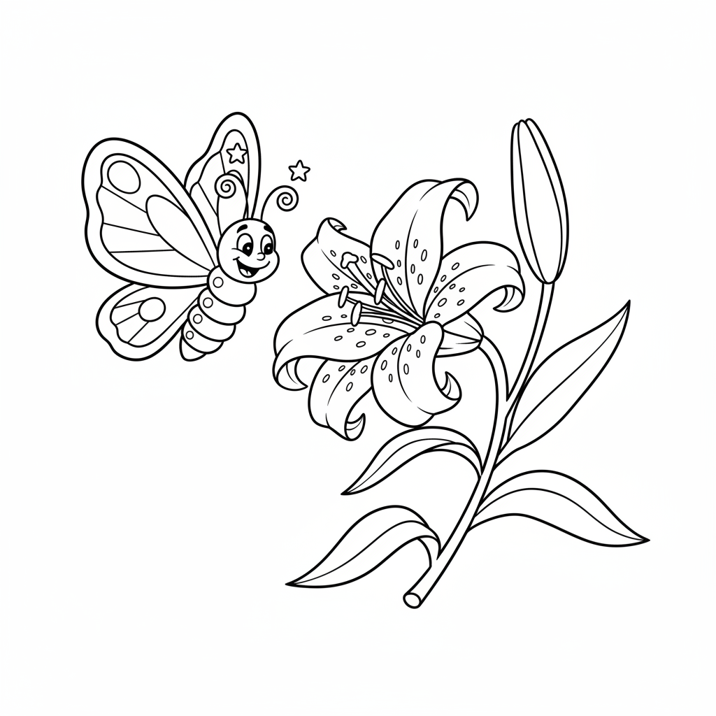 Przyjazny motyl lecący w stronę kwitnącej lilii wielkanocnej, kolorowanka dla dzieci, czarne kontury, białe tło.