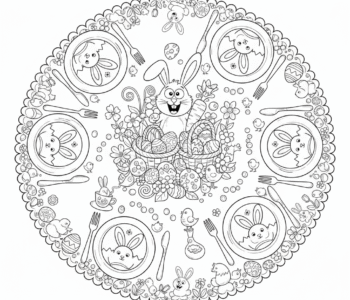 Świąteczny obrus wielkanocny z talerzami, sztućcami i dekoracją stołu, kolorowanka dla dzieci, czarne kontury, białe...