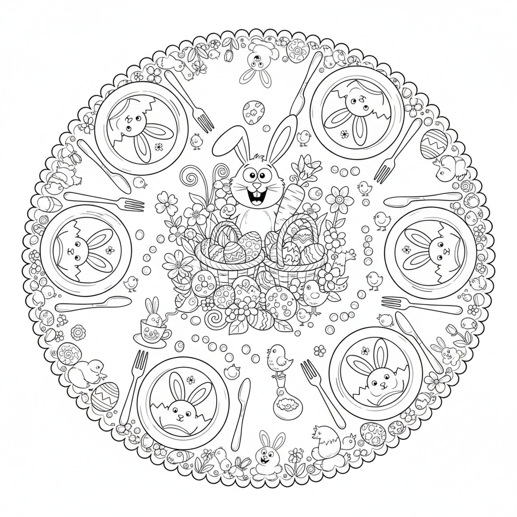 Świąteczny obrus wielkanocny z talerzami, sztućcami i dekoracją stołu, kolorowanka dla dzieci, czarne kontury, białe...