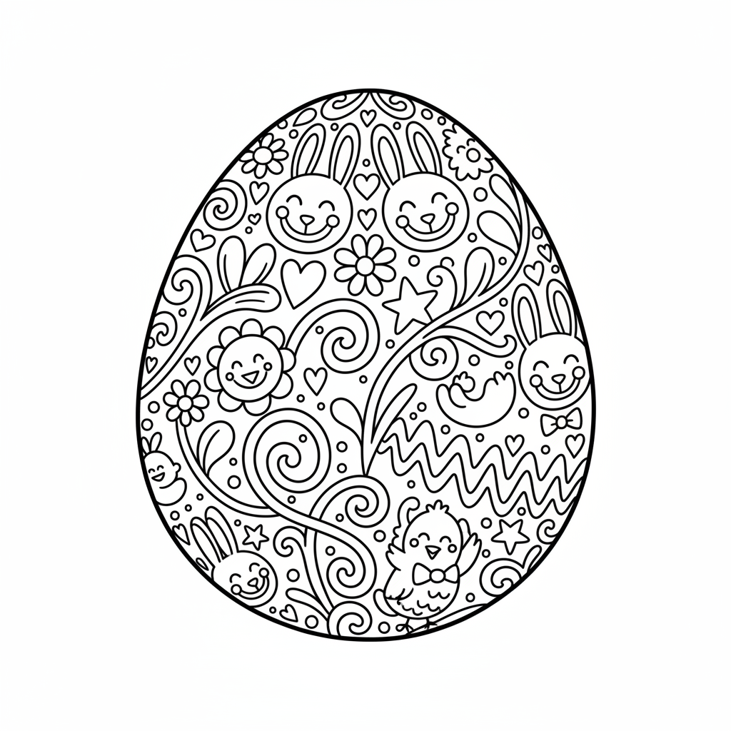Duże, ozdobne jajko wielkanocne z misternymi wzorami, gotowe do malowania, kolorowanka dla dzieci, czarne kontury, białe...
