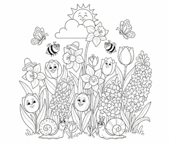 Pole kwitnących wiosennych kwiatów (tulipany, żonkile, hiacynty), kolorowanka dla dzieci, czarne kontury, białe tło.
