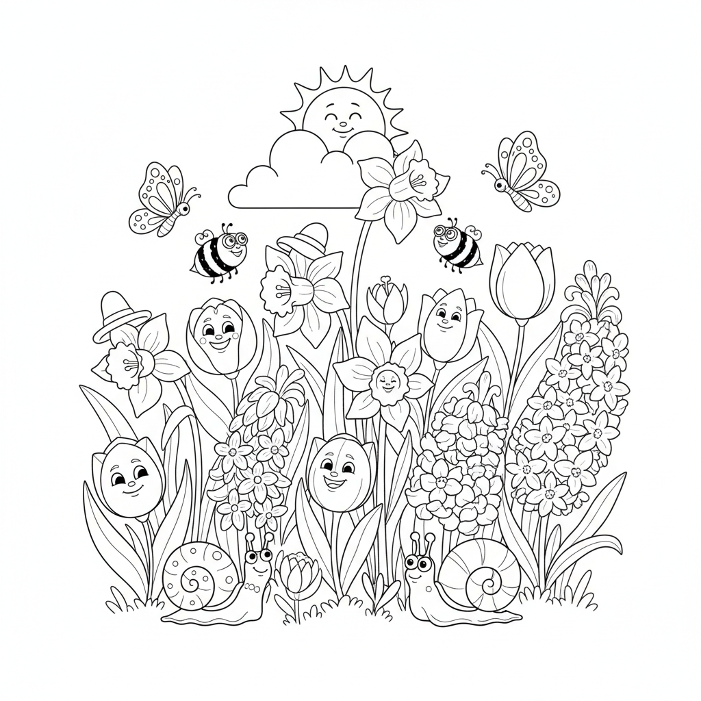 Pole kwitnących wiosennych kwiatów (tulipany, żonkile, hiacynty), kolorowanka dla dzieci, czarne kontury, białe tło.
