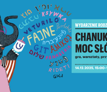 rysunkowy słoń z pączkiem i słonik z drejdlem. Po prawej stronie napisy w różnych językach.