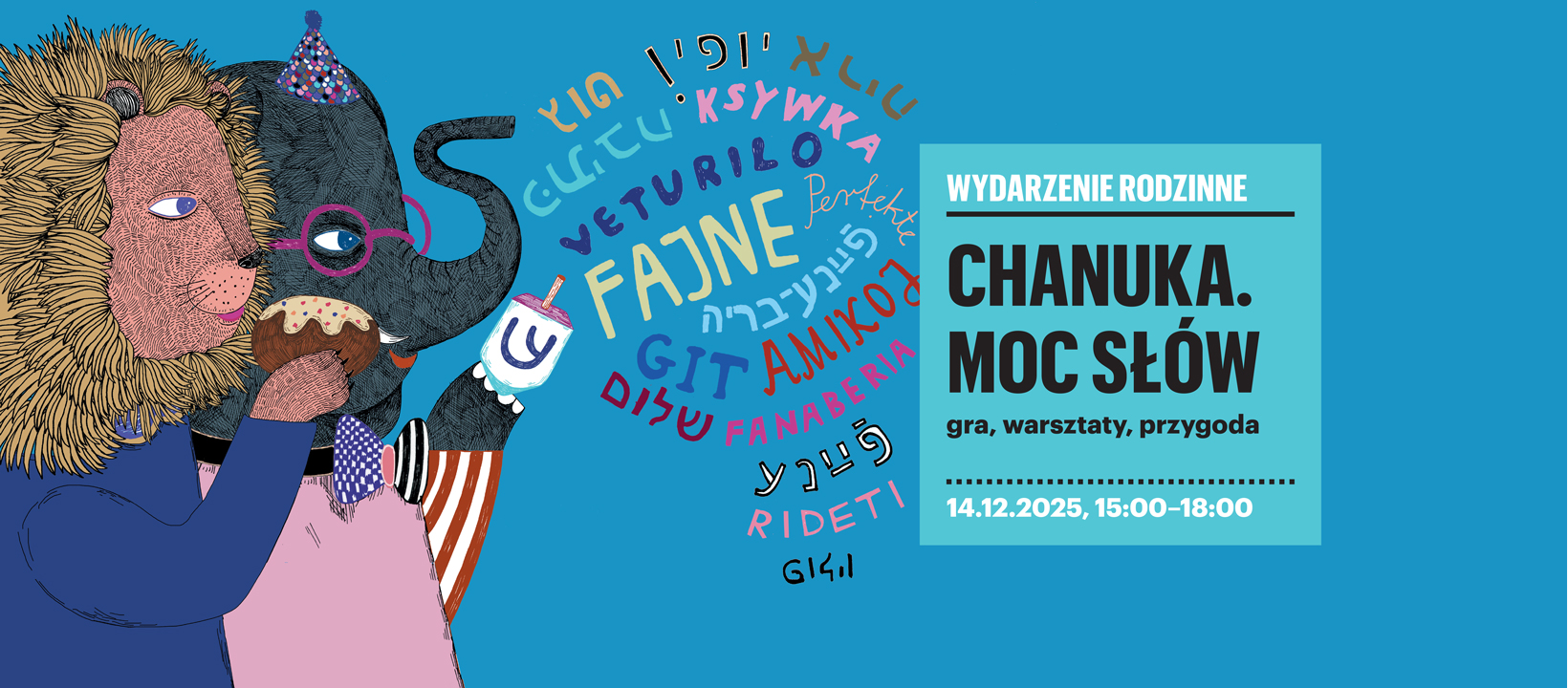 rysunkowy słoń z pączkiem i słonik z drejdlem. Po prawej stronie napisy w różnych językach.