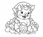 Małe prosiaczek w czepku, otoczone jajkami, kolorowanka dla dzieci, czarne kontury, białe tło.