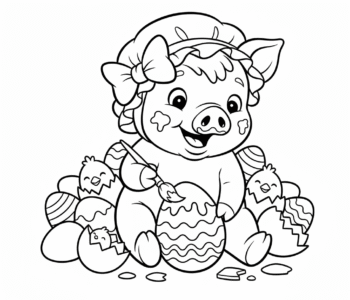 Małe prosiaczek w czepku, otoczone jajkami, kolorowanka dla dzieci, czarne kontury, białe tło.