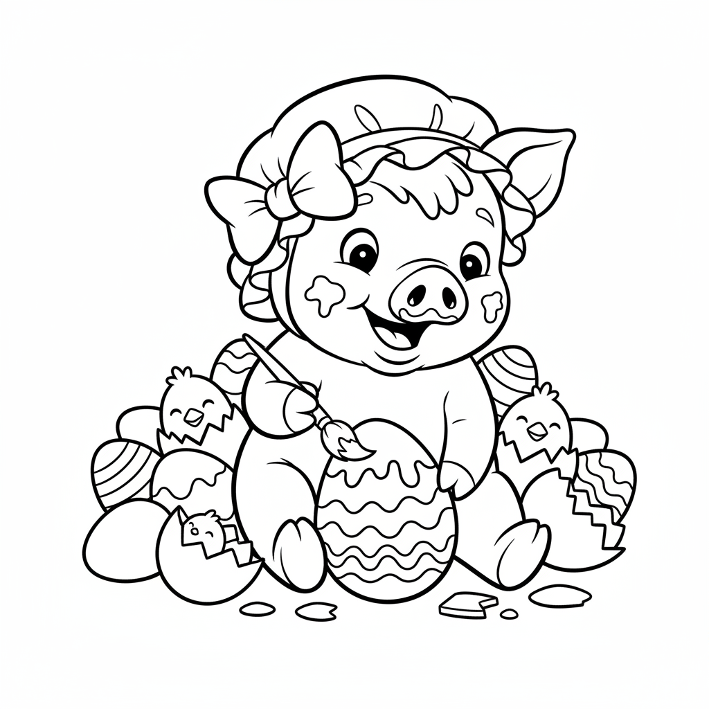 Małe prosiaczek w czepku, otoczone jajkami, kolorowanka dla dzieci, czarne kontury, białe tło.